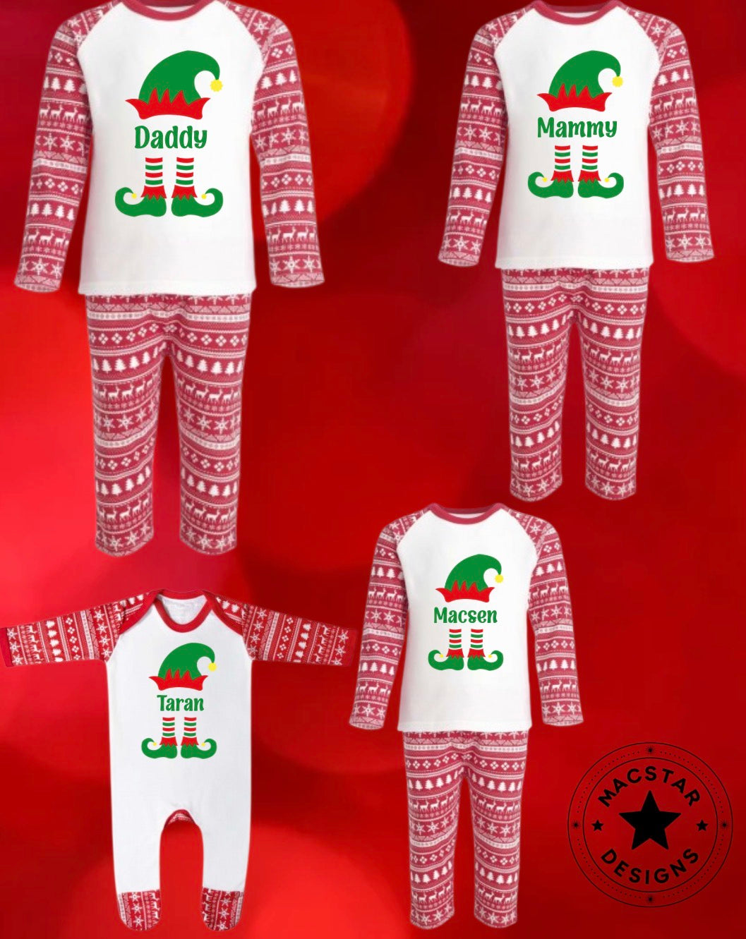 Matching patterned family Elf pyjamas